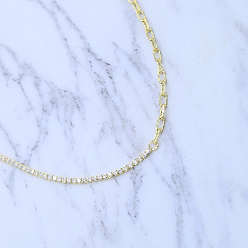 2024 new women chain adjusted size half cz tennis chain half paper clip chain simple necklaces valentines day gift