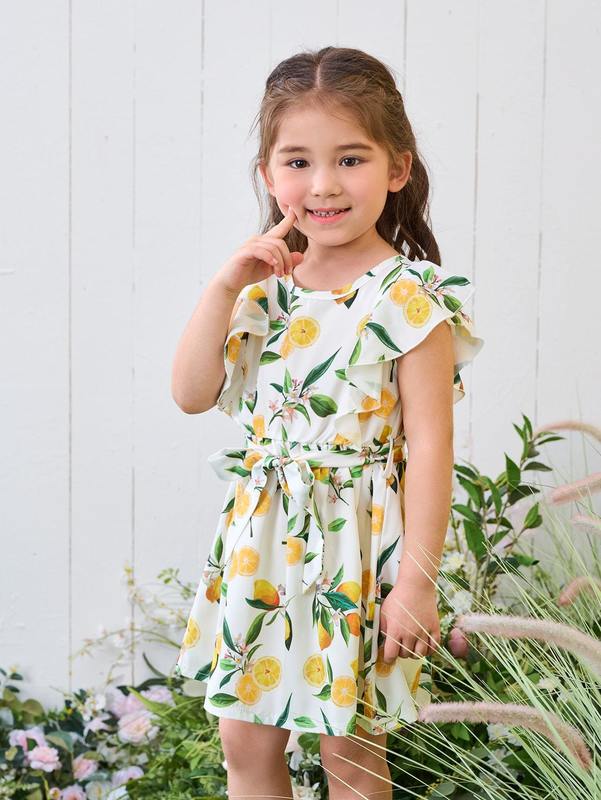 Toddler Girls Lemon & Floral Print Ruffle Trim Belted Dress SHE