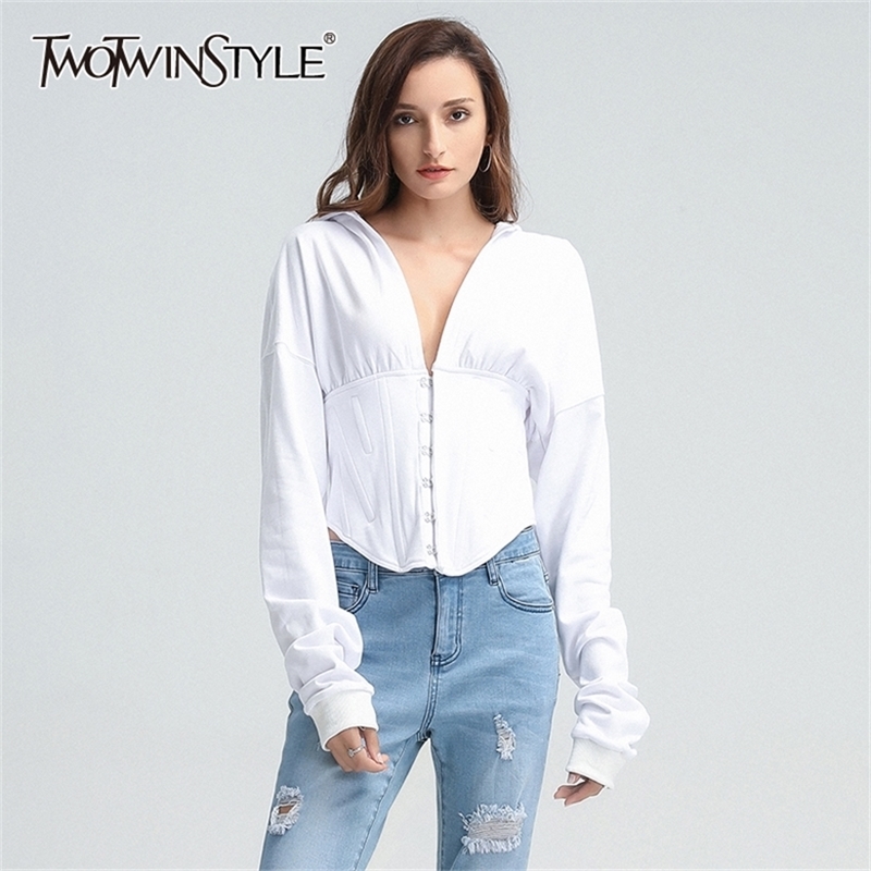 TWOTWINSTYLE Drawstring Bandage Sweatshirt For Women V Neck Long Sleeve Tunic Lace Up Casual Sweatshirts Female Fall New 201212