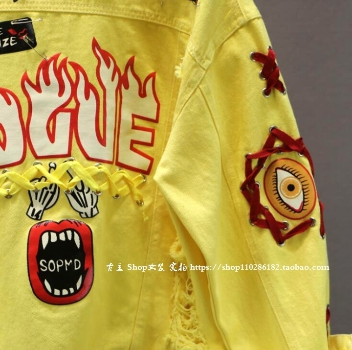 Red Yellow Jeans Jacket New Spring Autumn Women's Graffiti Alphabet Printing Lace Bow Pin Hole Denim Jacket Student Basic Coat T200212