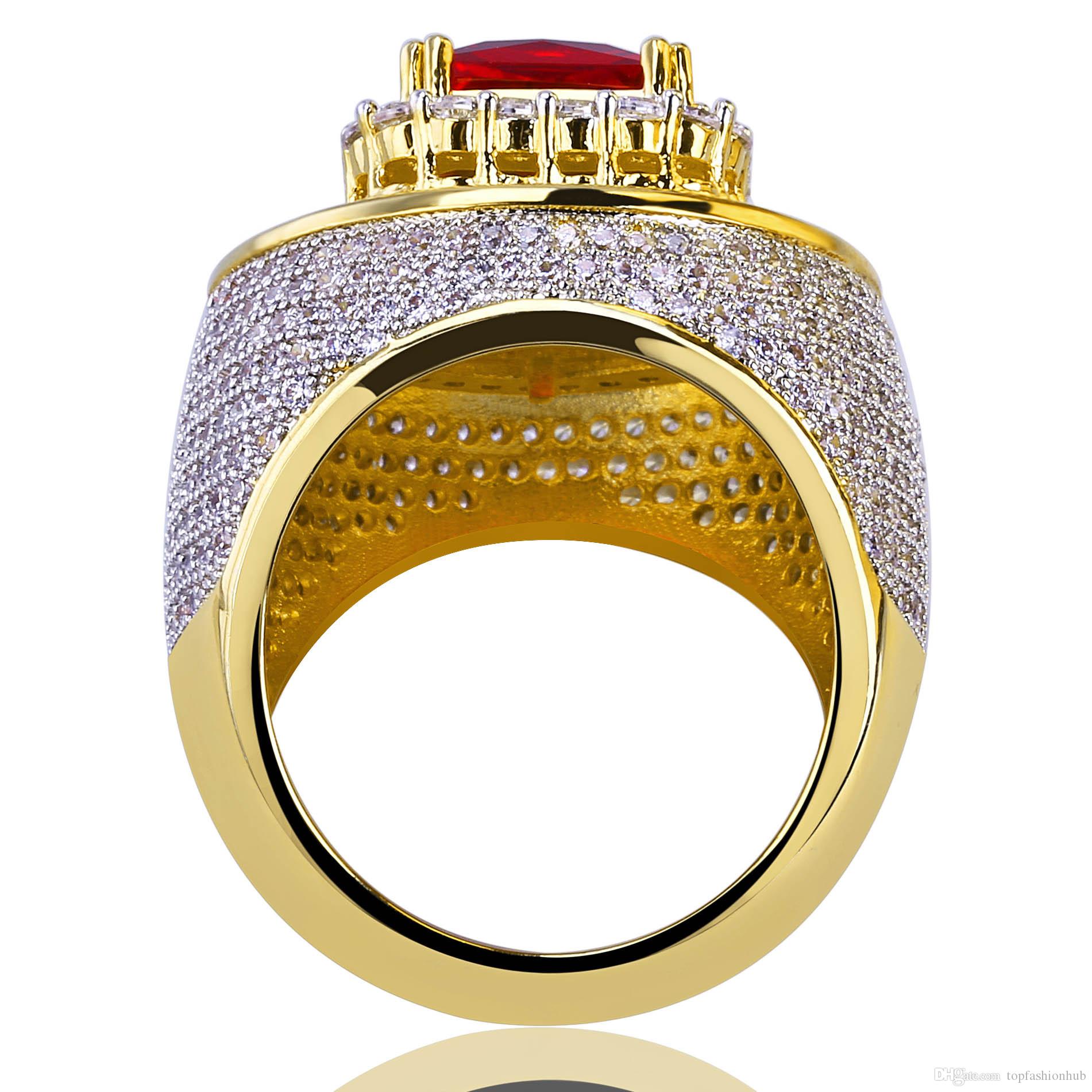 Gold Plated zircon rings for men women in Europe and America Inlaid Ruby hip-hop ring Free shipping