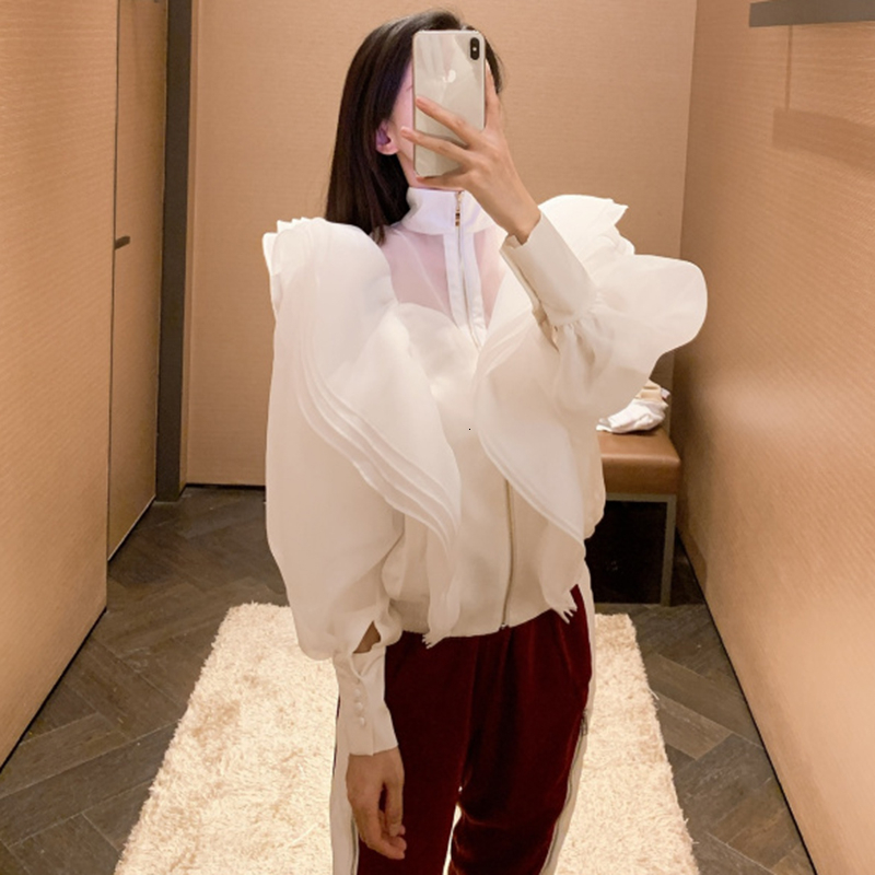 TWOTWINSTYLE Casual Patchwork Ruffle Shirt Female Turtleneck Lantern Long Sleeve Loose Blouse For Women Fashion Clothes New 201201