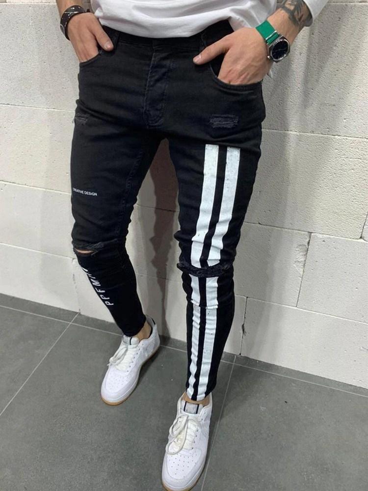 Jeans Men Skinny Striped Zipper Denim Hole Wash Vintage Hip Hop Work Trousers Slim Printed jeans European Big Size men clothing