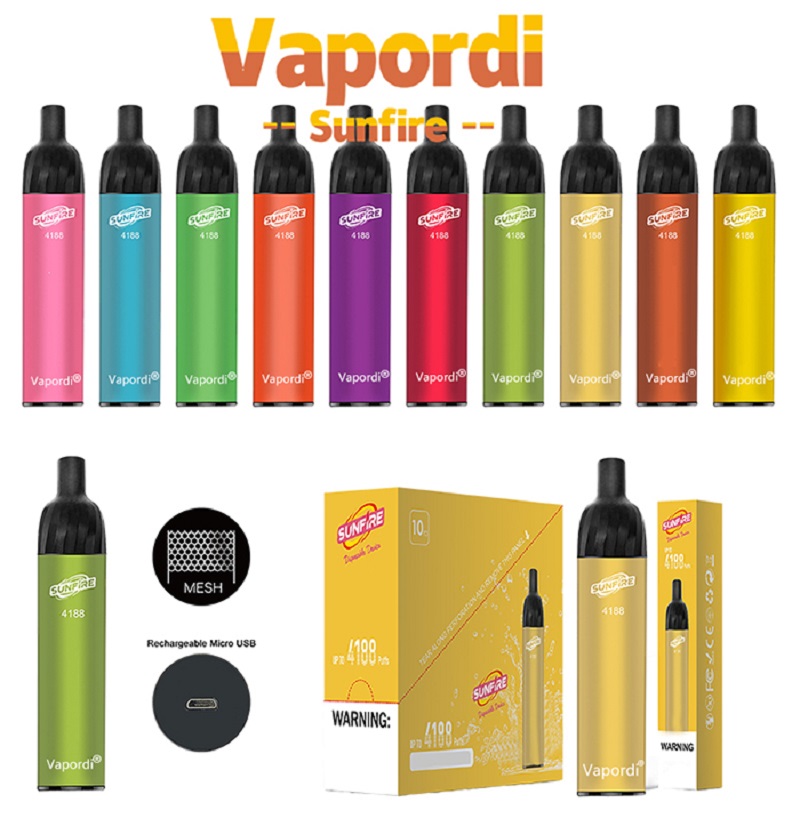 Vapordi Sunfire Max Disposable Clone Vapes Pen Electronic Cigarette 4188 Puffs Vape Device 650mah 12ml Pod All Colors Available UPS
Vapordi Sunfire Max Disposable Clone Vapes Pen Electronic Cigarette 4188 Puffs Vape Device 650mah 12ml Pod All Colors Available UPS