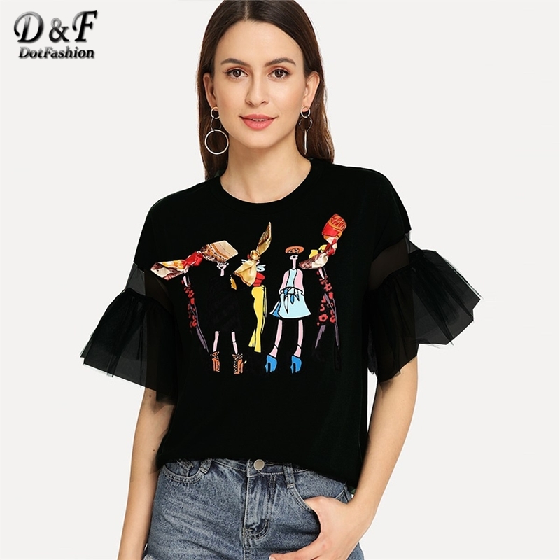 Dotfashion Black Lace Bow Cartoon Print Tee Women Autumn Fashion Clothes Casual Flounce Sleeve Tops Summer Preppy T-Shirt Y200109
Dotfashion Black Lace Bow Cartoon Print Tee Women Autumn Fashion Clothes Casual Flounce Sleeve Tops Summer Preppy T-Shirt Y200109