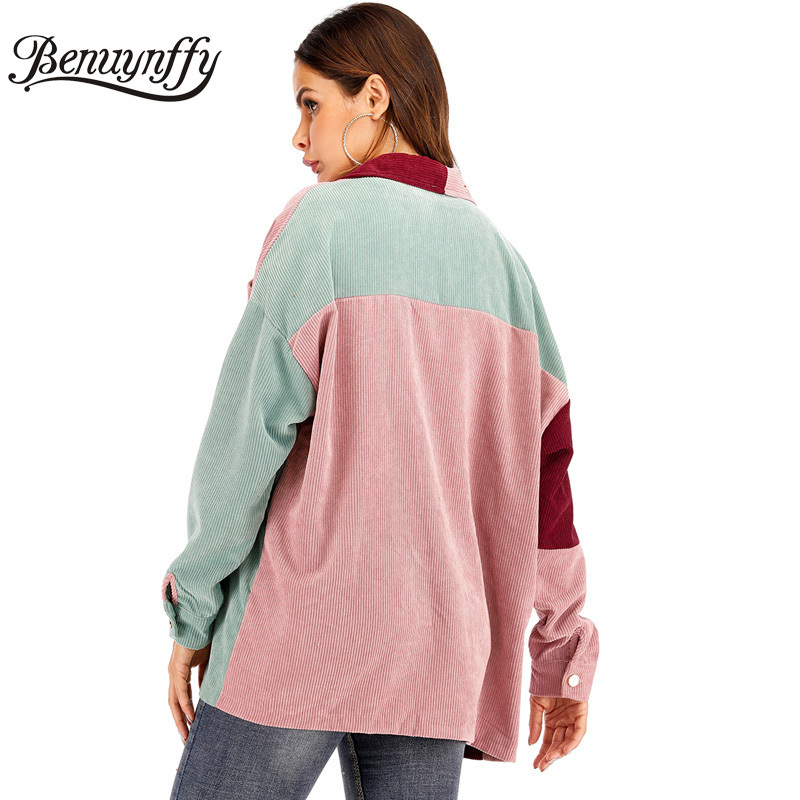 Benuynffy Mixed Pocket Front Color Block Women Corduroy Jacket Autumn Casual Lapel Single Breasted Coat Outerwear Tops Female 201017