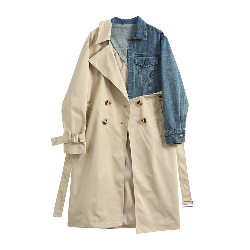 LANMREM Fashion autumn Double Breasted Patchwork Denim Turndown Collar Full Sleeve Casual Women Windbreaker YE53712 201030