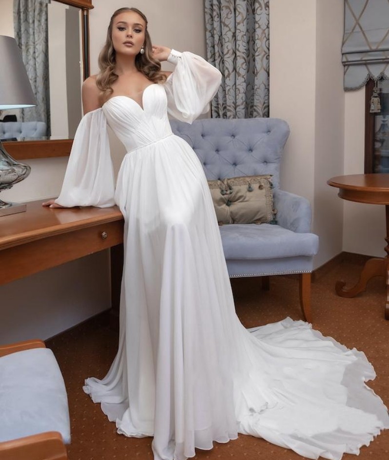 Glam Long Sleeves Wedding Dress Off the Shoulder Puffy Sleeves A Line Sweetheart Chiffon Bridal Gown Court Train Vestido de Noiva 2022 Robe Mariage