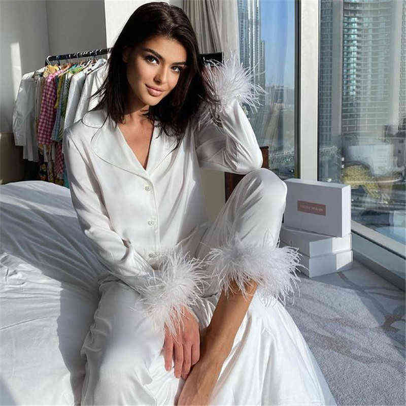 Trendy Women Pajamas Set Autumn Casual Lapel Tops + Feather Pants Suits Sexy Lingerie Nightwear Silk Satin Pyjamas pjs Suit 2Pcs X220214