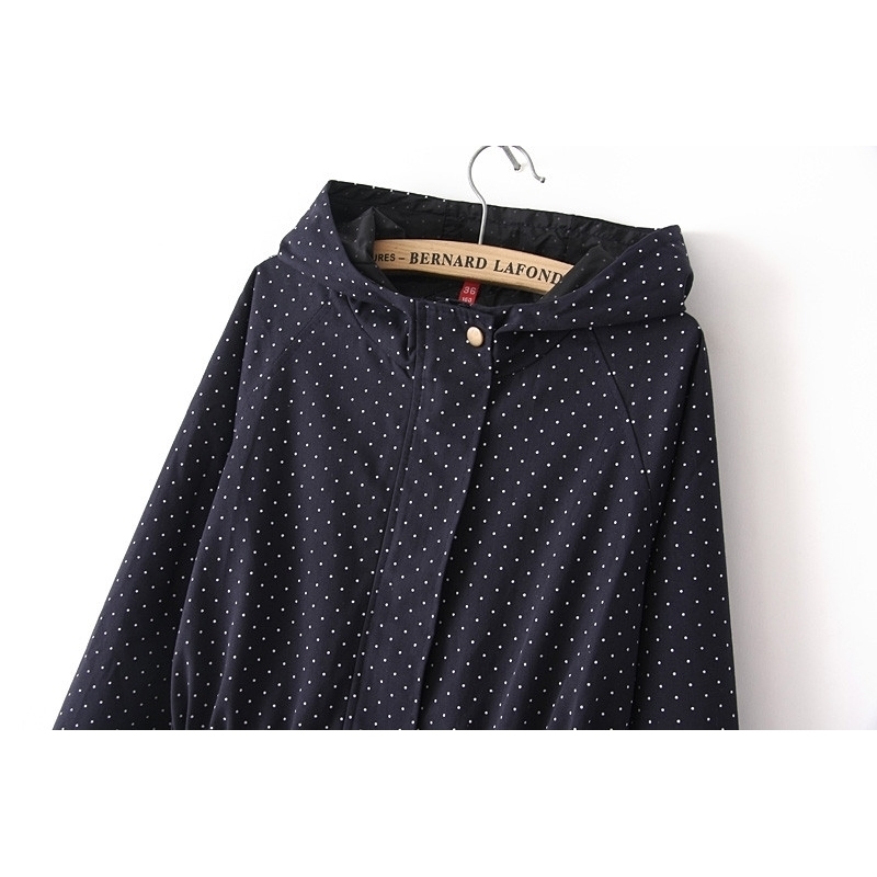 European style Spring Autumn women polka dots drawstring hooded trench, female fashion plus size loose casual windbreaker coat 201031