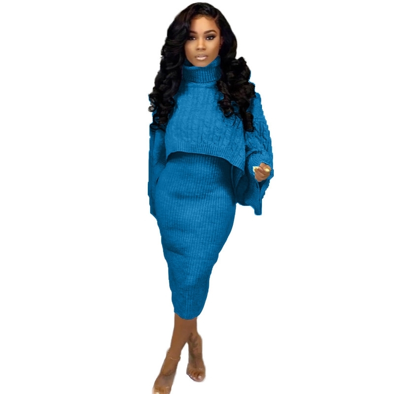 Autumn Winter Knitted Sweater Two Piece Set Turtleneck Long Sleeve Loose Crop Top + Bandage Midi Tank Dress Plus Size Tracksuit