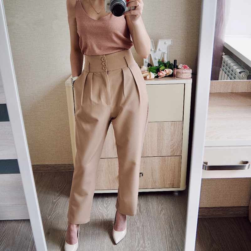 Autumn 2020 New Korean OL Style Women Formal Harem Pants Pockets High Waist Elegant Office Lady Button Ankle-Length Pants LJ201030