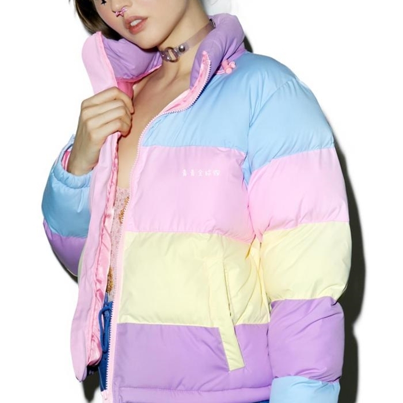 Harajuku Rainbow Jackets with Removable Hat for Women All-match Thick Clothing Loose Rainbow Splicing Color Coats For Women 201106