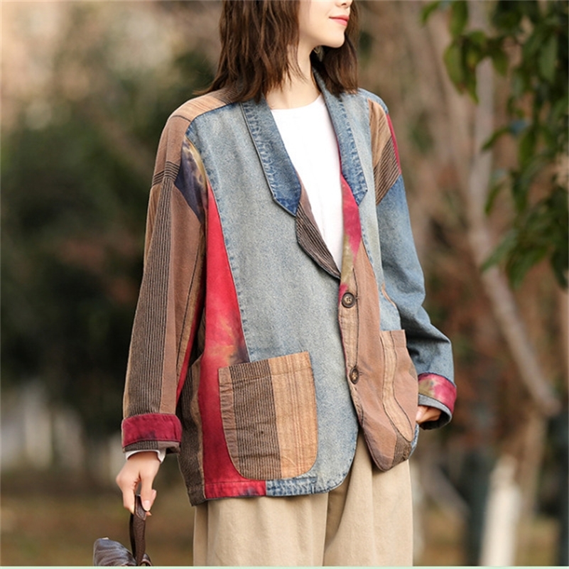 Spring Autumn Denim Coats Women Color Spliced Retro Tailored Collar Full Sleeve Single-Breasted Female Loose Patchwork Cardigan 201112
Spring Autumn Denim Coats Women Color Spliced Retro Tailored Collar Full Sleeve Single-Breasted Female Loose Patchwork Cardigan 201112
