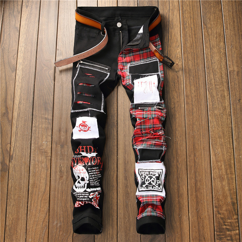 Aolamegs Jeans Men Red Scottish Plaid Print College Style Denim Zipper Decorations Cool Patch Casual Cargo jeans Streetwear men 201111