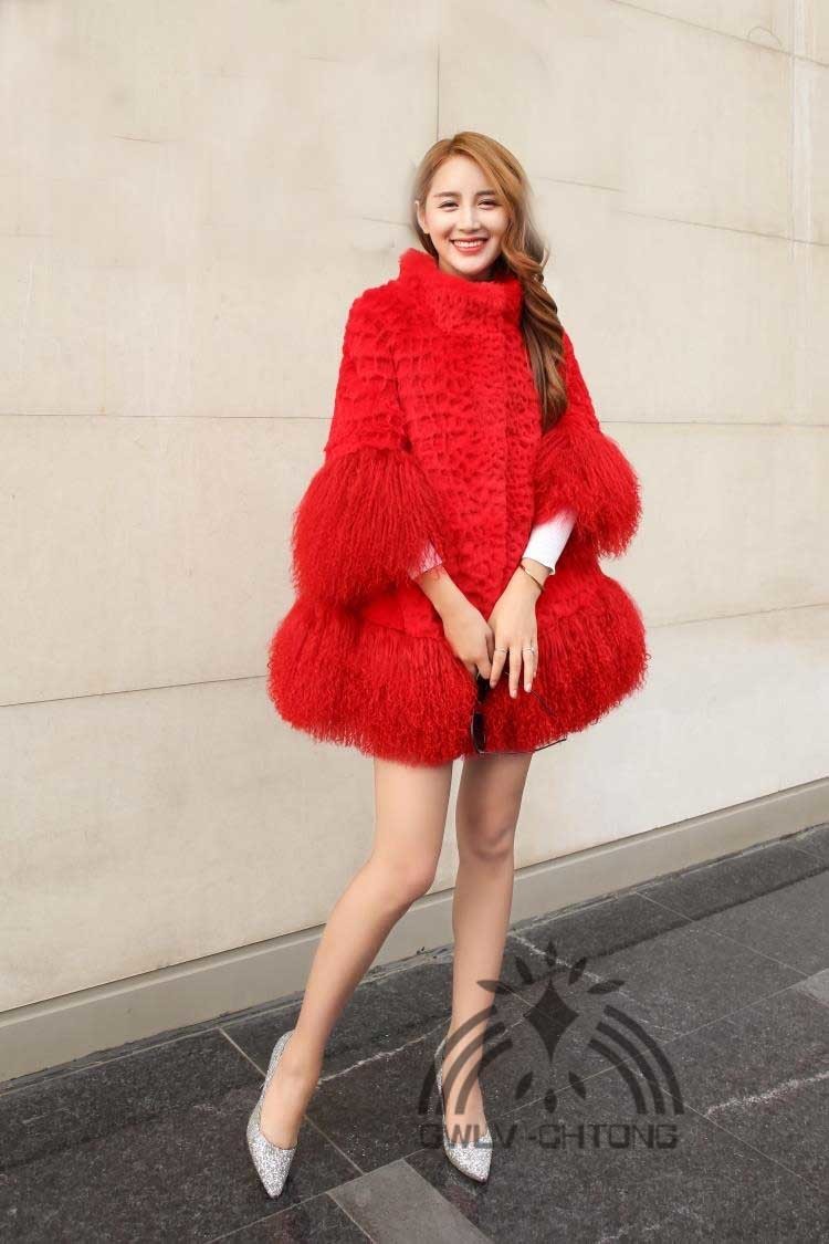 New Genuine real natural rabbit fur coat women's fashion fur jacket with lamb fur sleeve and hem ladies stand Collar loose style 201209