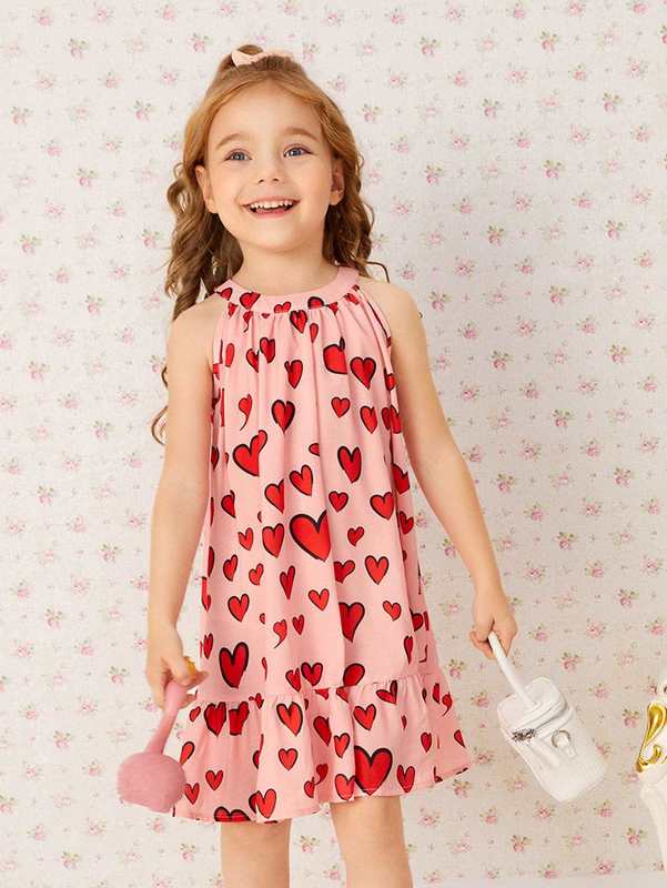 Toddler Girls Halter Neck Heart Print Ruffle Hem Dress SHE