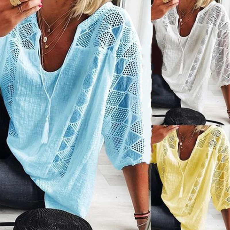 Sexy Tops Women Three Quarter Sleeve Loose T-shirt Autumn Women Casual T-shirts O-neck Top Hollow-out T-shirt 201028