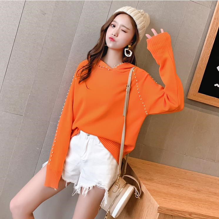 New Fashion Autumn and Winter Women's Hooded Sweater Pure Color Female Spring Long Sleeve Knitwear Students Knitted Tops 201023