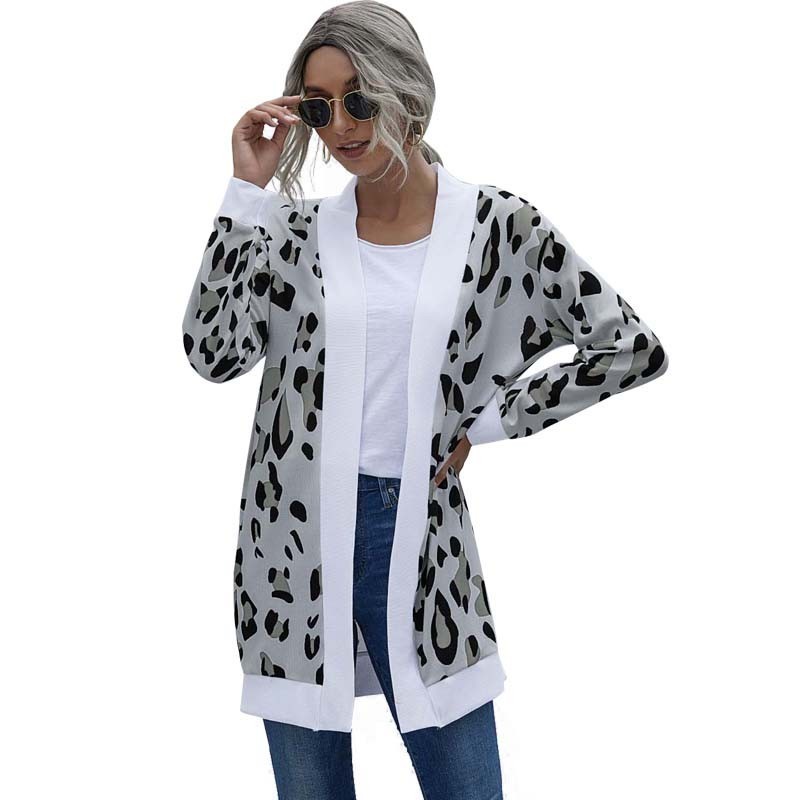 Autumn Winter Leopard Thin Knitted Cardigan Coat Women Long Sleeve Plus Size Fashion Vintage Cardigans Female Long Cardigan 201031
