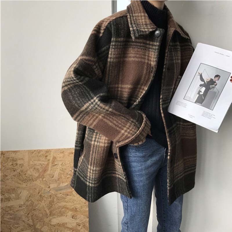 Women's Autumn Plaid Wool Blends Vintage Coat Jacket Check Batwing Sleeve Korean Woman Coats Winter Pocket Outerwear Ladies 201103