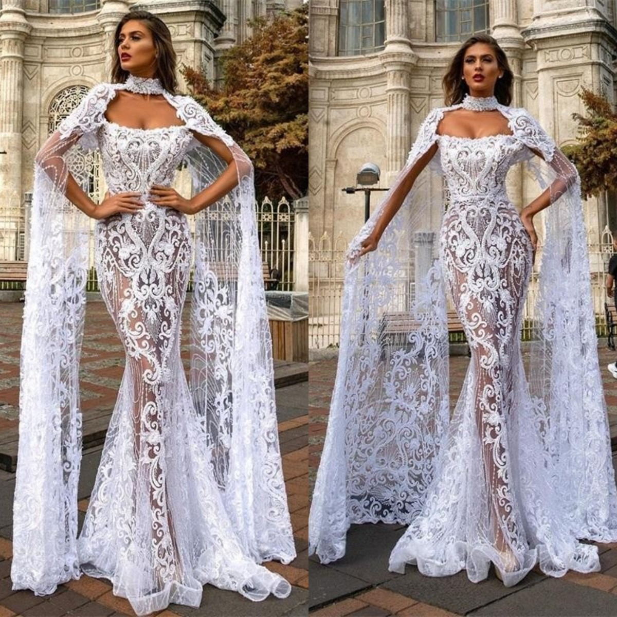 Elegant Lace Mermaid Wedding Dresses with Cape Shawl, High Neck, Full Appliqued Bridal Gowns 2024