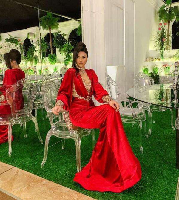 Modern High Neck Mermaid Evening Dresses Emerald Green Long Puffy Sleeves Trumpet Arabic Prrom Dresses Gold Appliques Beads Illusion Sexy Formal Party