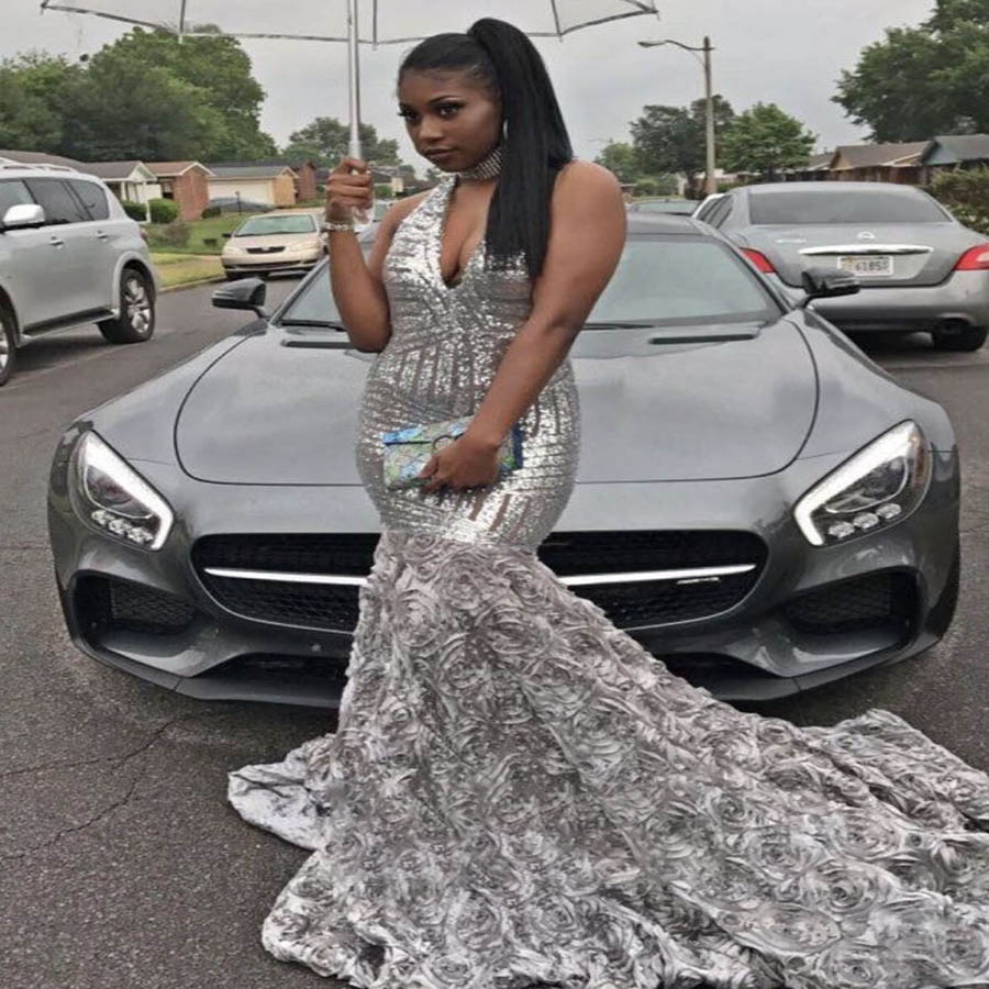 V Neck Silver Sequin Prom Dress Aso Ebi For Black Girls 2022 Sparkle Rose Florals Bottom Evening Gowns For Formal Party Wear Plus Size Trumpet Occasio