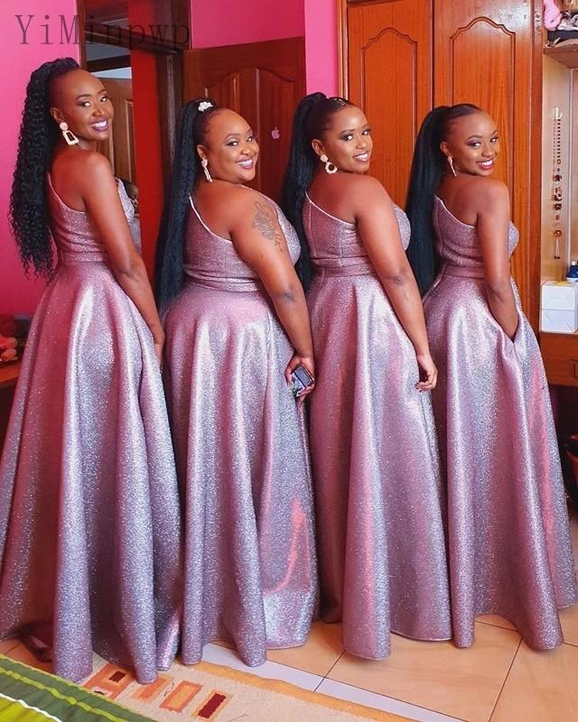 Bridesmaid Glitter Dresses One Shoulder Floor Length A Line Ruched Plus Size Maid Of Honor Gown Country Wedding Guest Formal Party Wear