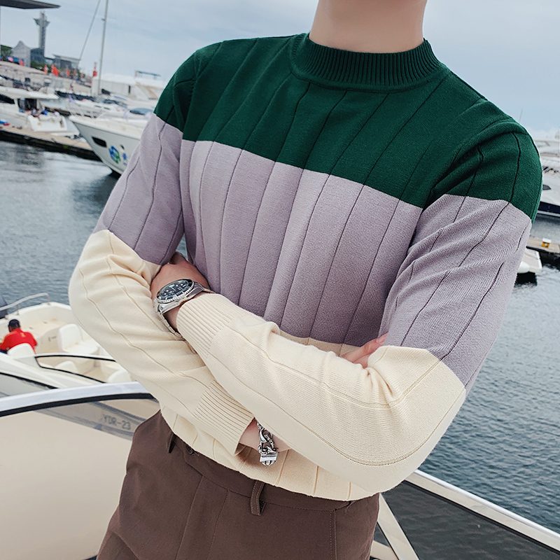 British Style Autumn Winter Sweater Men Clothing Fashion Long Sleeve O-Neck Mens Casual Sweaters Patchwork Color Pull Homme 201118