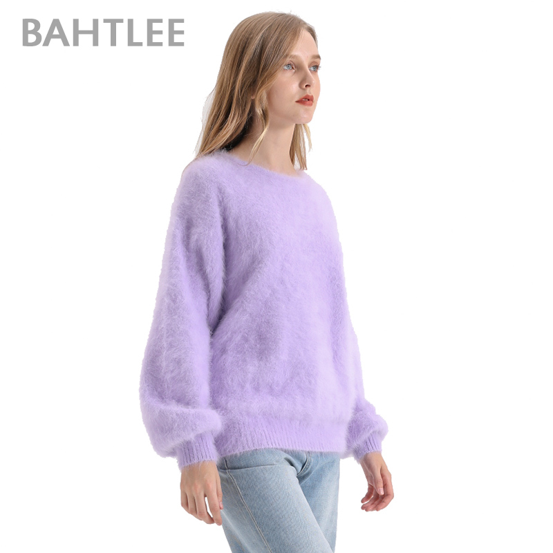 BAHTLEE Autumn Winter Women's Angora Rabbit Knitted Pullovers Sweater O-NECK Lantern Sleeve Mink Cashmere Thick Keep Warm 201023