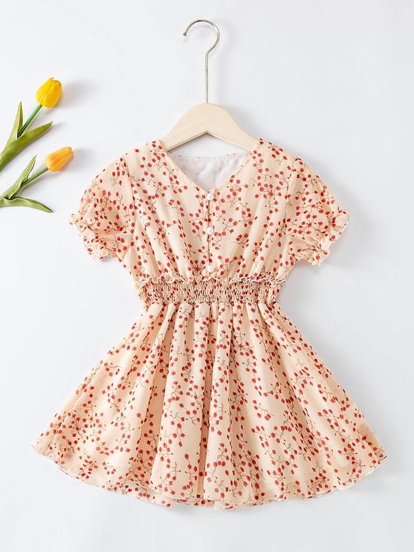 Toddler Girls Ditsy Floral Print Shirred Frill Trim Dress SHE