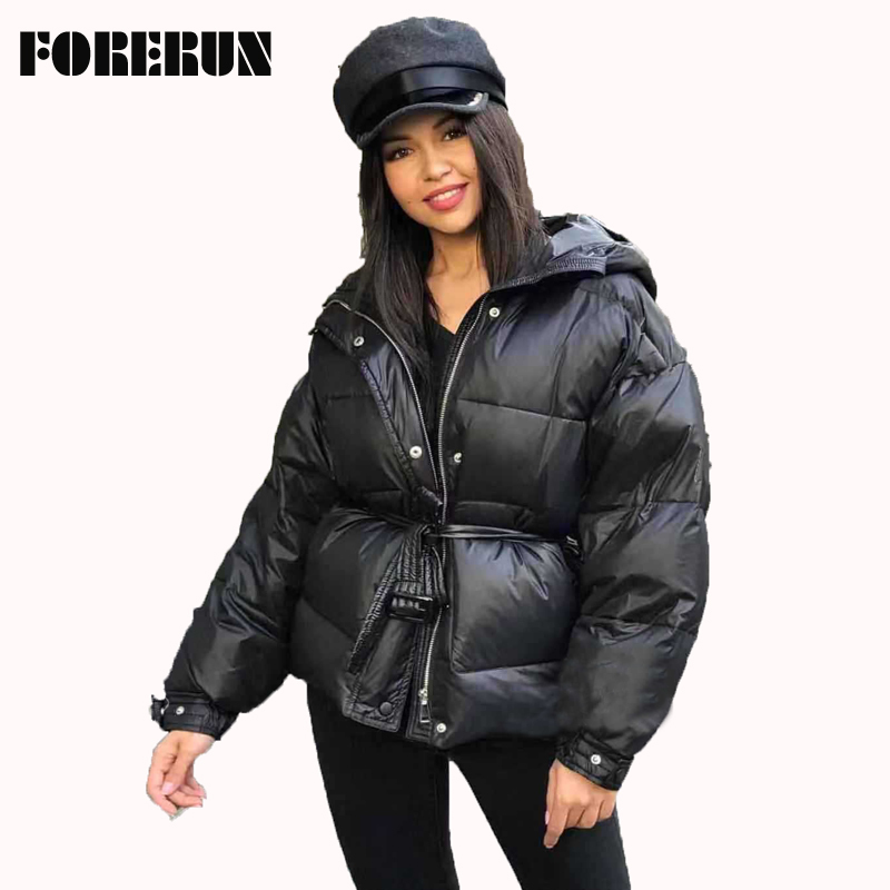 Glossy Silver Winter Jacket Women with Belt Cotton Padded Bomber Hooded Puffer Coat Abrigos Mujer Invierno 201026