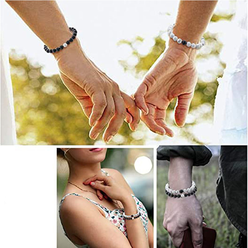 8MM Natural Lava Stone Strands Distance Bracelets Men Women Volcanic Rock Beads Couple Bracelet White Howlite Stone Lovers Bracelet Set Jewelry Gift