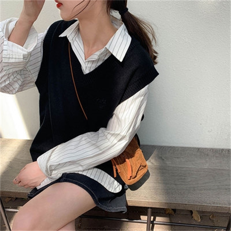 8 colors japanese preppy style embroidery sleeveless v neck loose vest sweaters womens knitted sweaters (X1135) 201109