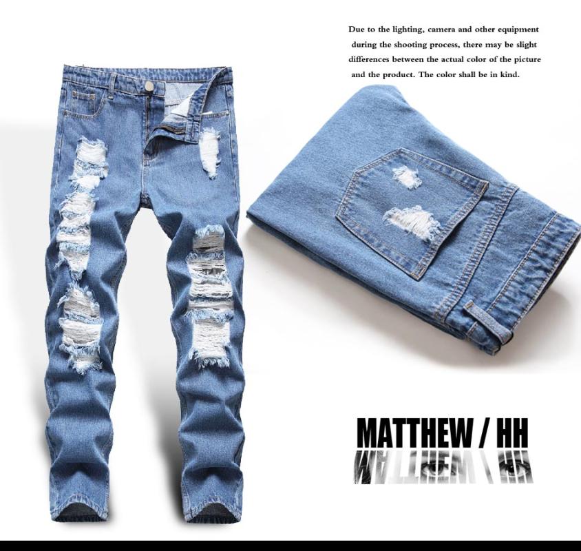 Men's jeans men's straight tube perforated zipper pants casual fashion pants B013, Blue