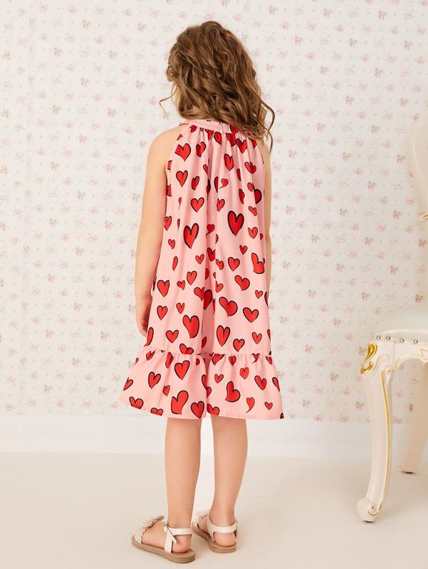 Toddler Girls Halter Neck Heart Print Ruffle Hem Dress SHE