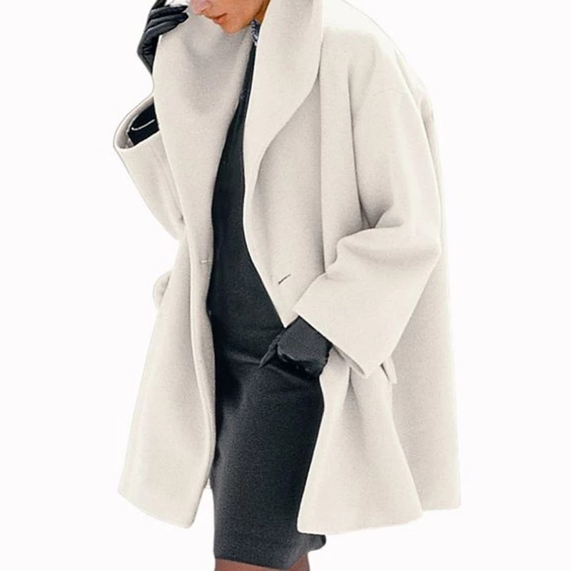 Winter Wool Blend Coat Women Fashion Shawl Collar Open Stitch Loose Coat Female Casual Solid Pocket Coat Jacket Office Lady 201216