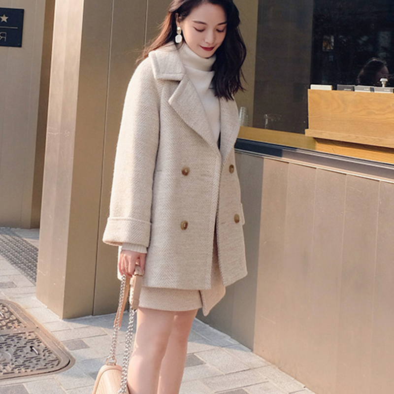 Bella Philosophy Autumn Winter Women Woolen Suit Office Lady Double Breasted Blazer Female Elegant Two Piece Set 201103