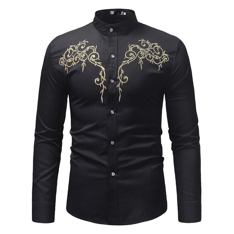 Fashion Mandarin Collar Shirt Men Chemise Homme 2020 Embroidery Mens Dress Shirts Slim Fit Long Sleeve Shirt Male, Navy 
Fashion Mandarin Collar Shirt Men Chemise Homme 2020 Embroidery Mens Dress Shirts Slim Fit Long Sleeve Shirt Male, Navy