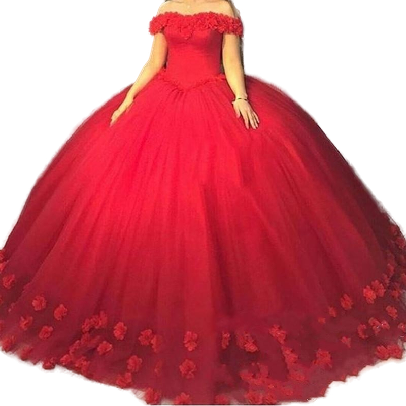 2022 3D Floral Puffy Ball Gown Quinceanera Dresses Flowers Appliques Off Shoulder Tulle Lace-Up Back Princess Sweet 16 Dress Prom Party Pageant Dress 