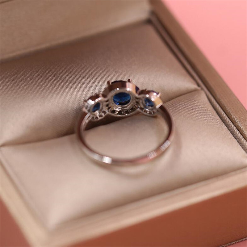 Sterg Sier Three Stone Blue Sapphire CZ Dia Wedding Engagement Ring for Women