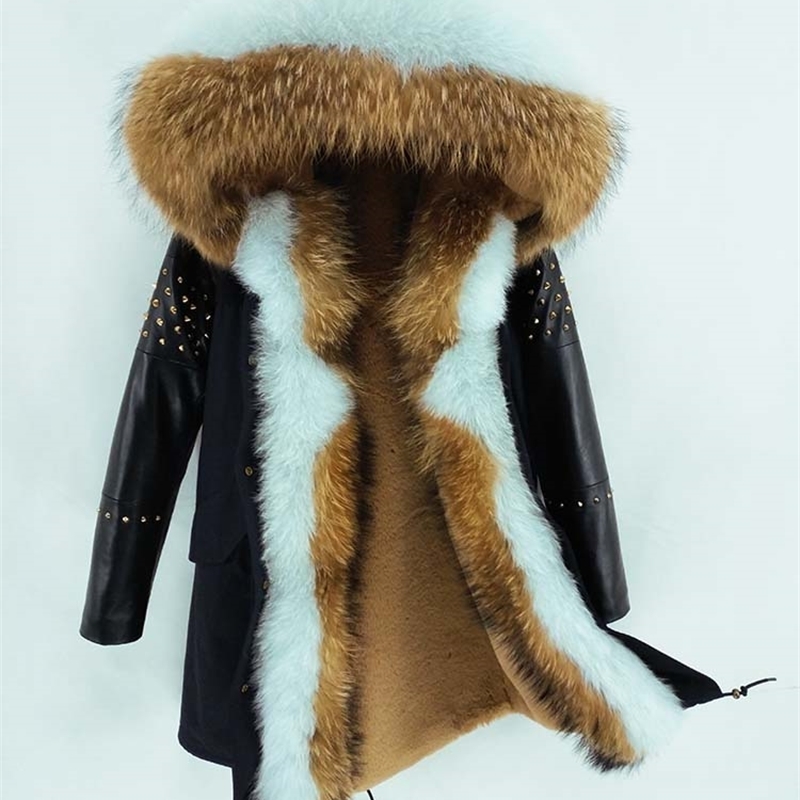 OFTBUY Long Parka Real Fur Coat Winter Jacket Women Natural Sheepskin Leather Rivet Sleeves Outerwear Streetwear Casual 201201