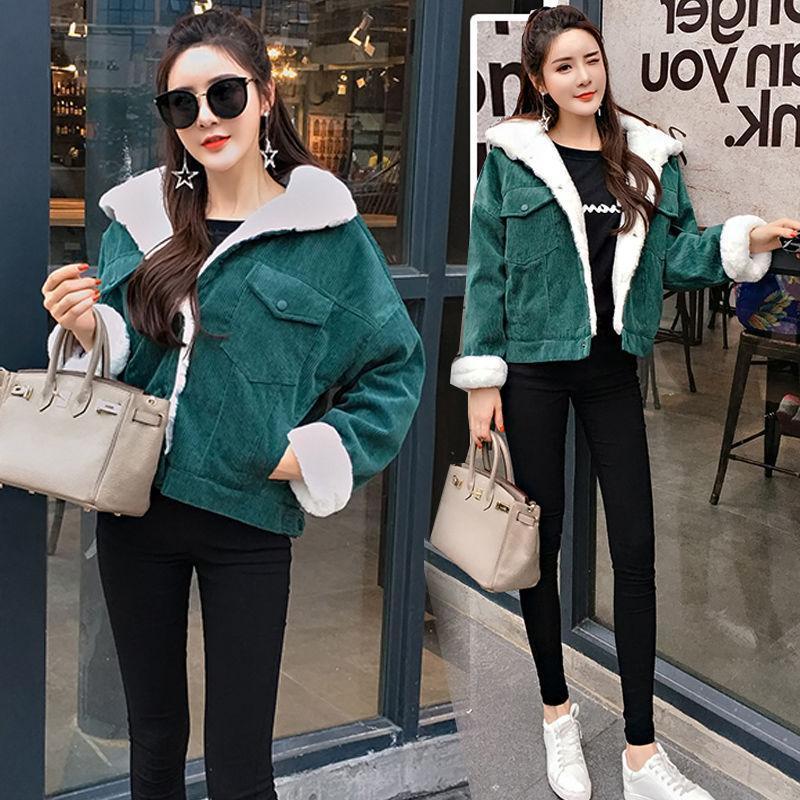 Winter Fur Jeans Women Bomber Soft Corduroy Denim Female Coat Warm Lining &4 Pockets Jacket 201029