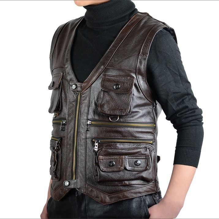 Cowhide Genuine Leather Vest Men Brown Waistcoat Male Sleeveless Jacket Thick High Quality Motorcycle Vest Multi Pocket Zipper 201216