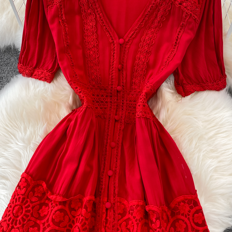 Summer Sexy Black/Red Embroidered Dress Women Elegant V-Neck Short Sleeve High Waist Single Breasted A-Line Vacation Beach Robe 2022