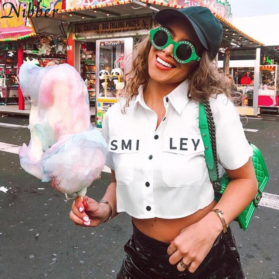 Nibber office lady white cotton100% crop top women2019summer Casual Street tshirt mujer fashion loose Basic Embroidery tee shirt T200110