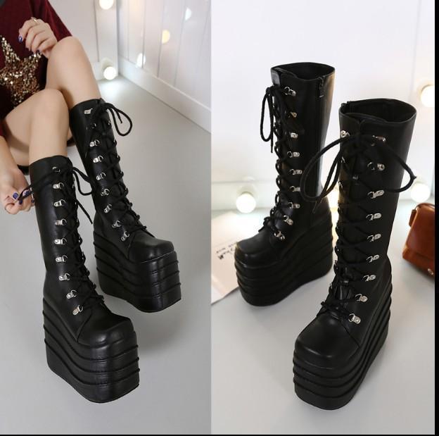 2020 New Punk Wind High Shoe Thick Bottom Dark Tie Shoes women Big Head Show cos Boots 16cm1, Black