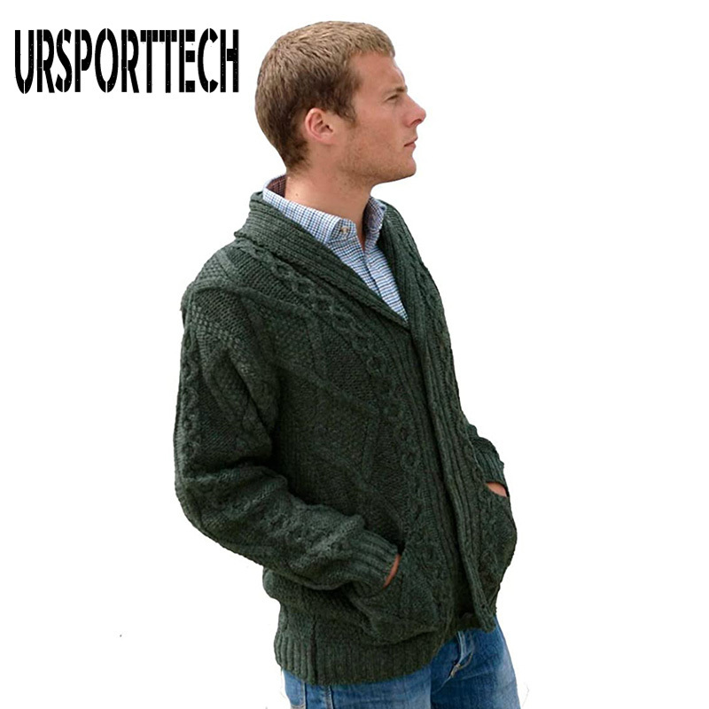 100% Irish Merino Wool Aran Button Men's Autumn Winter New Cardigan Sweatercoat Slim Fit Warm Knitted Sweater Coat 201210