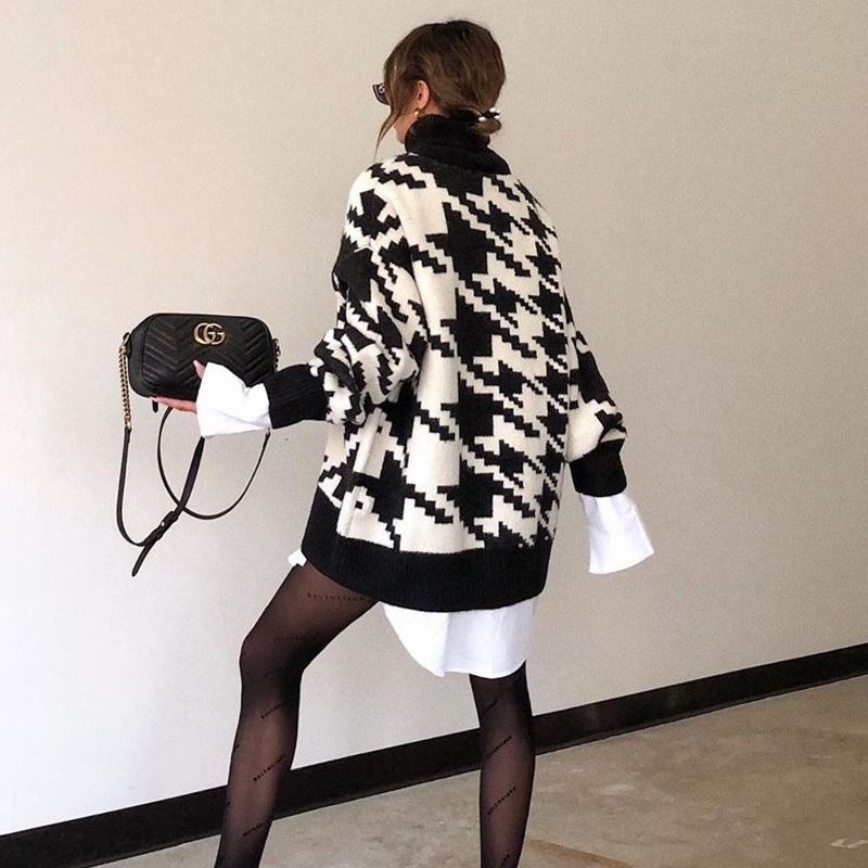 Women Knitting Turtleneck Long Sleeve Black Pullovers Houndstooth Retro Tops Autumn Winter Loose Jumper Oversized Sweaters 201221